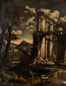 Roman school of the XVII century - Landscape with ruins and shepherds