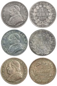 PIO IX (1846-1870) - Lotto multiplo di 3 esemplari da 1 lira 1866