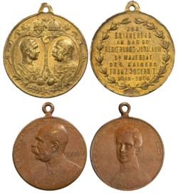 AUSTRIA - FRANCESCO GIUSEPPE (1848 - 1916) - Lotto 2 medaglie - Anniversario 60 anni di Regno, 1908