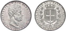 CARLO ALBERTO (1831-1849) - 5 lire 1844, Genova