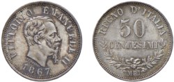 VITTORIO EMANUELE II (1861-1878) - 50 centesimi 1867, Milano