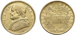 PIO IX, Giovanni Maria Mastai-Ferretti (1846-1870) - 20 lire 1867, an. XXII, II tipo