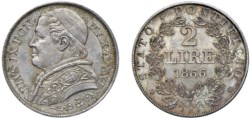 PIO IX, Giovanni Maria Mastai-Ferretti (1846-1870) - 2 lire 1866, anno XXI, II tipo