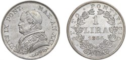 PIO IX, Giovanni Maria Mastai-Ferretti (1846-1870) - 1 lira 1866, an. XXI, II tipo