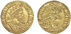 NAPOLI - CARLO V (1516-1556) - Due scudi, sigla A<br>Oro - 6,74 gr.