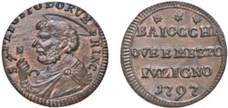 PIO VI, Giovanni Angelo Braschi (1775 - 1799) - Sampietrino da 2 e 1/2 baiocchi, 1797, Foligno