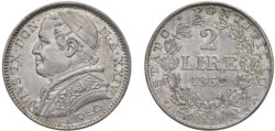 PAPALI - PIO IX, Giovanni Maria Mastai-Ferretti (1815-1847) - 2 lire 1869, an. XXIV, II tipo, Roma