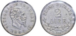 SAVOIA - VITTORIO EMANUELE II, Re d'Italia (1861-1878) - 2 lire 1863, Napoli