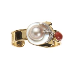 Two colour gold, coral, mother-of-pearl and diamond bangle