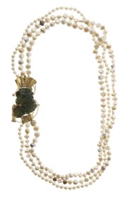 18kt yellow gold, cultured pearls, green gemstone, diamond and ruby necklace