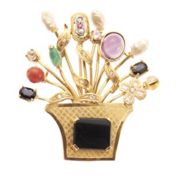 18kt yellow gold, onyx and coloured gemstone brooch