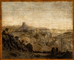 Scuola nordica del secolo XVIII - Coppia di dipinti raffiguranti paesaggio montuoso e città turrita