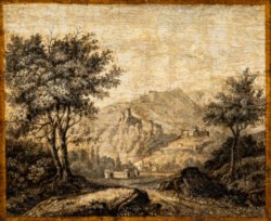 Scuola nordica del secolo XVIII - Coppia di dipinti raffiguranti paesaggio con città murata e paesaggio con mulino