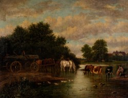 Elizabeth Mulready-Varley (1784 - 1864) - Paesaggio con calesse e cavalli