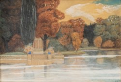 Painter of the first half of the XX century - Lake landscape with classic small temple