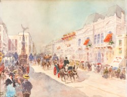 Italian school of the XIX century - City street with figures and carriages