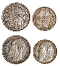 BELGIO - LEOPOLDO II (1865-1909), lotto 2 monete (1 frank 1909 e 2 frank 1904)
