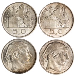 BELGIO - BALDOVINO I (1951-1993), lotto 2 monete da 50 franchi (1954)