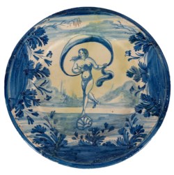 Manifattura italiana del secolo XVII - Piatto in maiolica raffigurante nascita di Venere