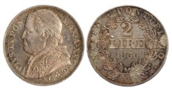 PIO IX (1846-1870) - 2 lire 1866, anno XXI (II° tipo)