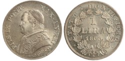 PIO IX (1846-1870) - 1 lira 1866, anno XXI,  Busto medio
