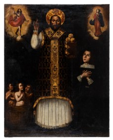 Giuseppe Marullo (Orta di Atella, 1610? - Naples, 1685) - St. Nicholas of Bari and a devotee with Christ, the Virgin and three healed children