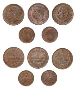 UMBERTO I (1878-1900) - Lotto 5 monete da 1 e 2 centesimi 1900