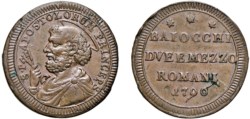PIO VI, Giovanni Angelo Braschi, (1775-1799) - Sampietrino da 2 e 1/2 Baiocchi 1796, Roma