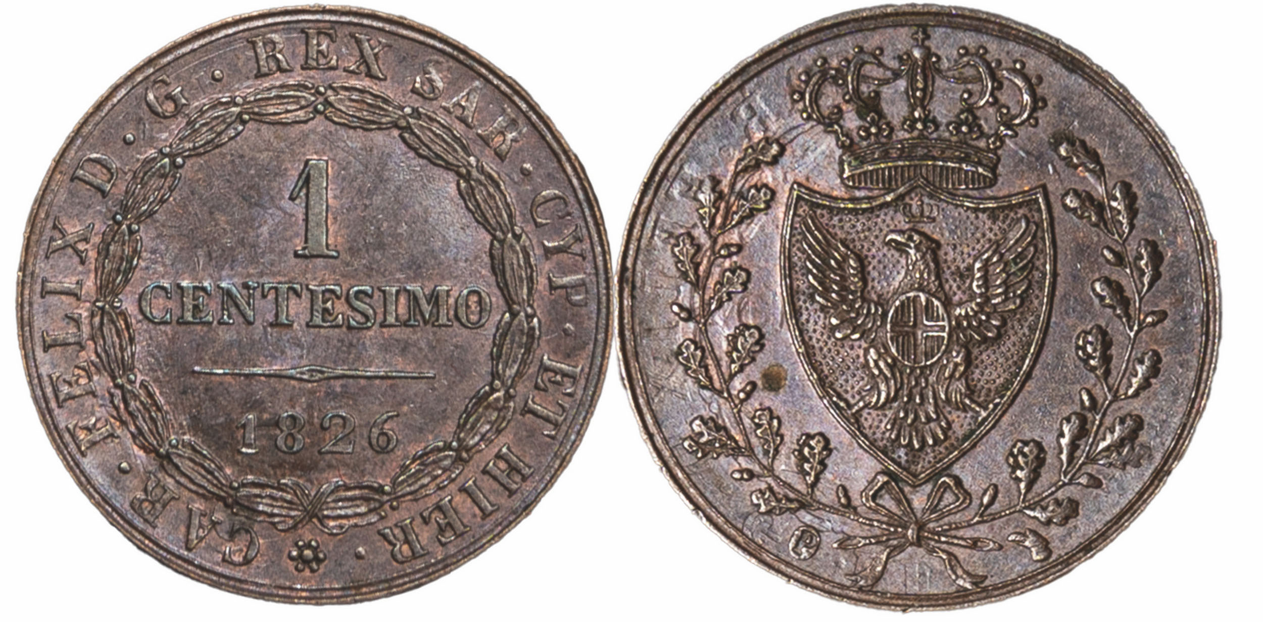 CARLO FELICE (1821-1831) - 1 centesimo 1826, Torino P in ovale